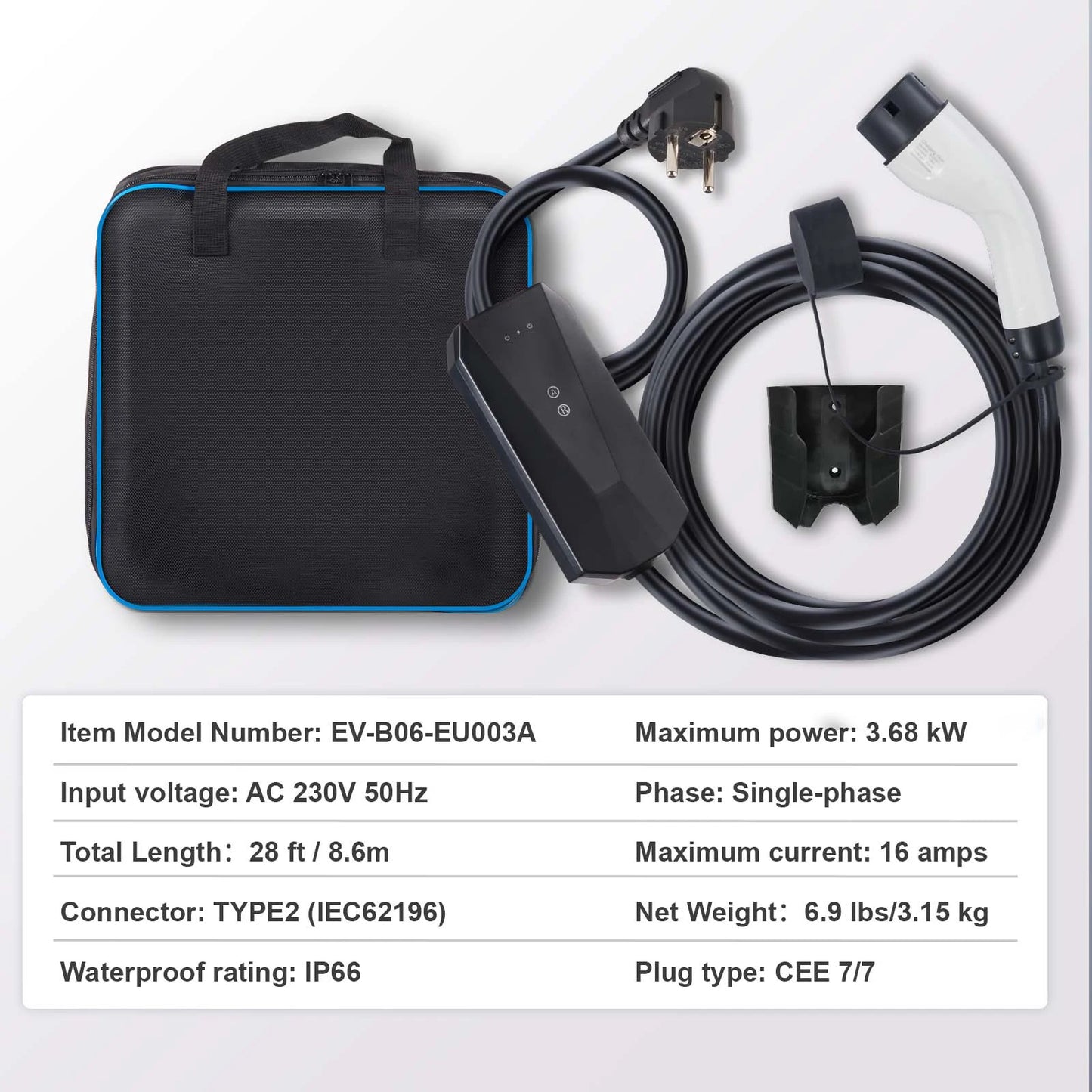 Chargeur EV Type 2 IP66 3.68 kW avec câble 8.6m, prise CEE 7/7 et sac de transport