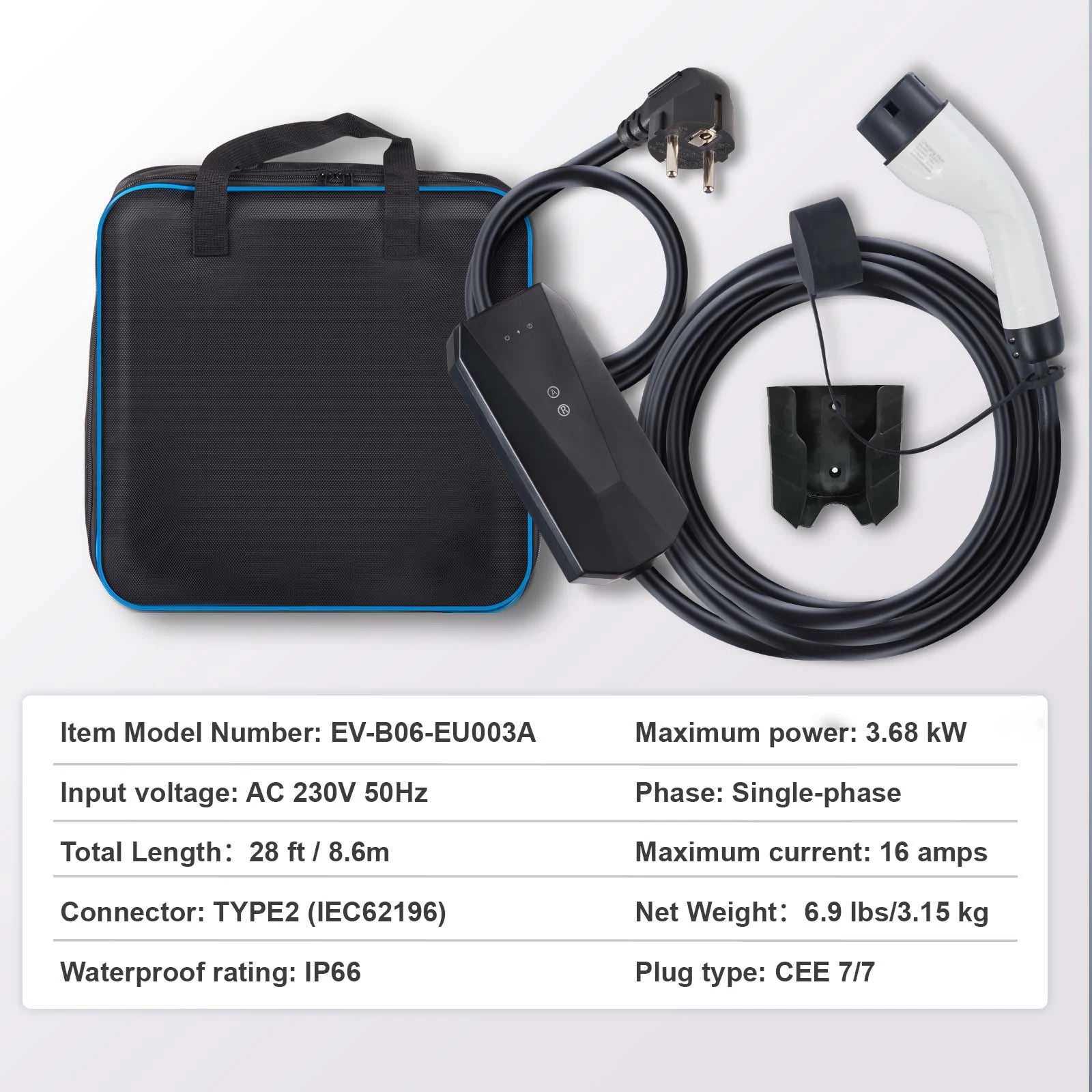Chargeur EV Type 2 IP66 3.68 kW avec câble 8.6m, prise CEE 7/7 et sac de transport