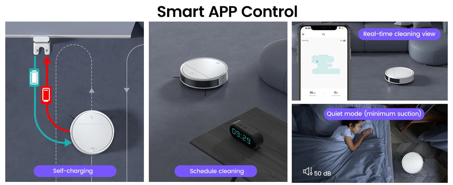 Aspirateur robot intelligent avec recharge automatique, contrôle via appli, mode silencieux 50 dB et planification