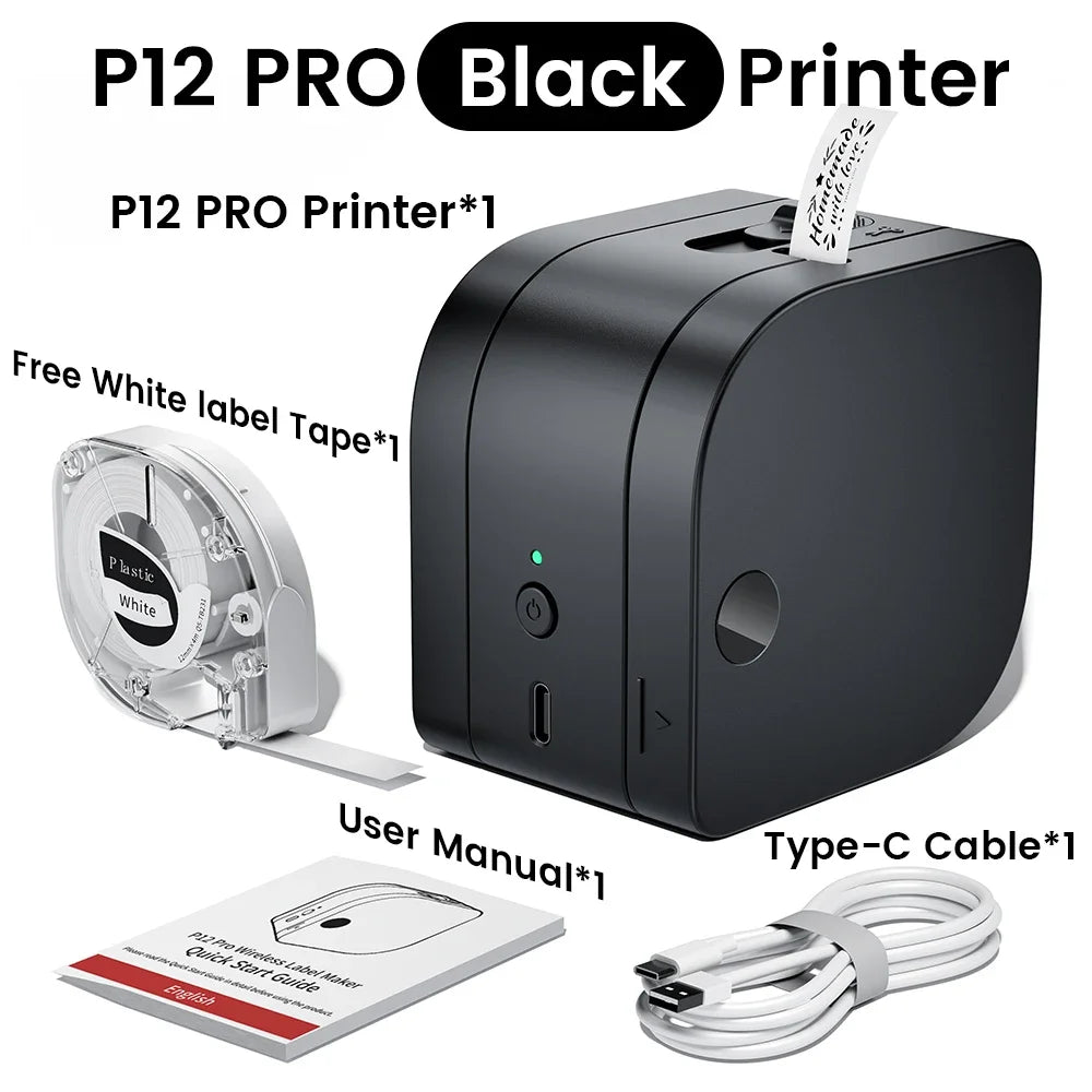 Imprimante d'étiquettes P12 PRO noire avec ruban blanc, câble USB-C et manuel, gadget high-tech compact