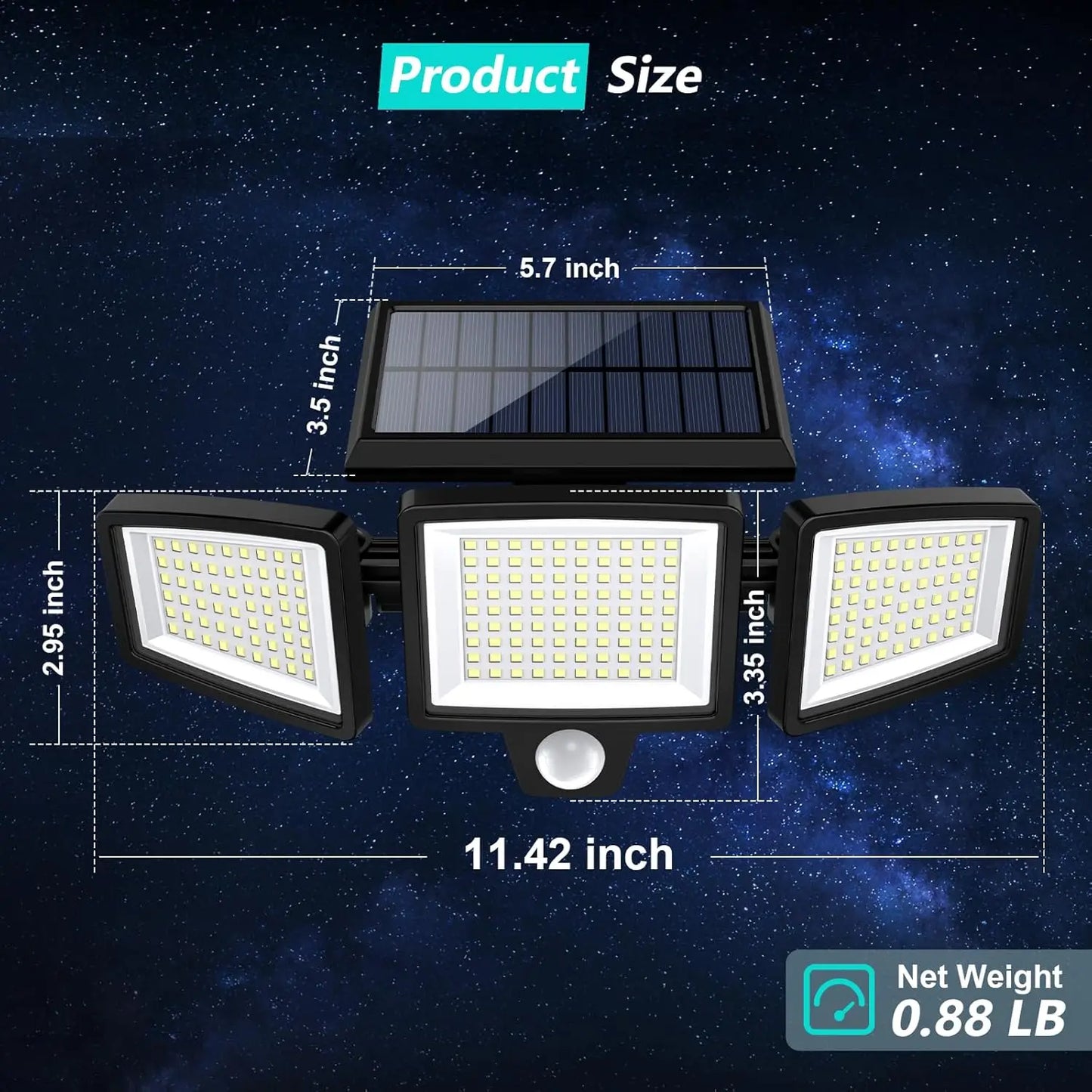 Projecteur solaire LED extérieur avec capteur de mouvement, dimensions et poids indiqués, idéal pour éclairage jardin ou sécurité