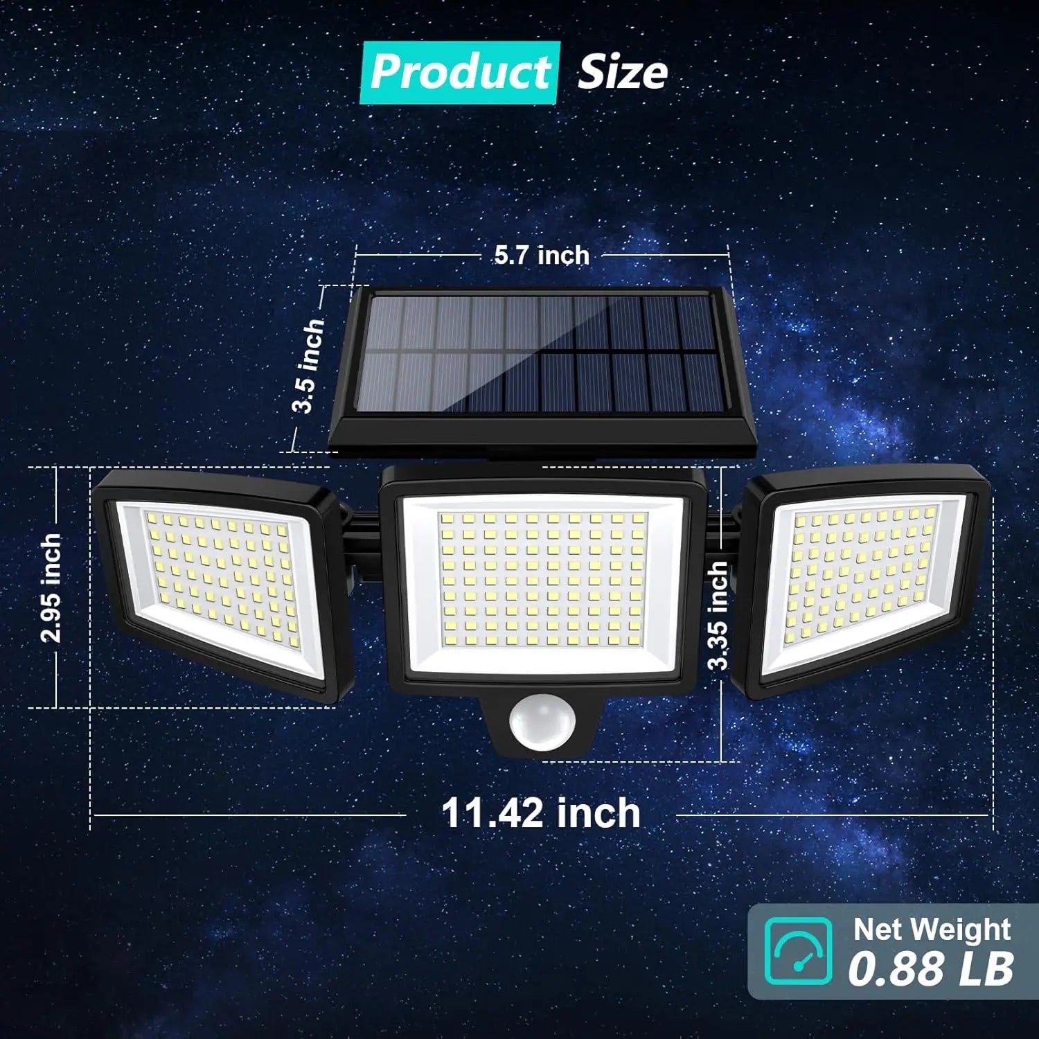 Projecteur solaire LED extérieur avec capteur de mouvement, dimensions et poids indiqués, idéal pour éclairage jardin ou sécurité
