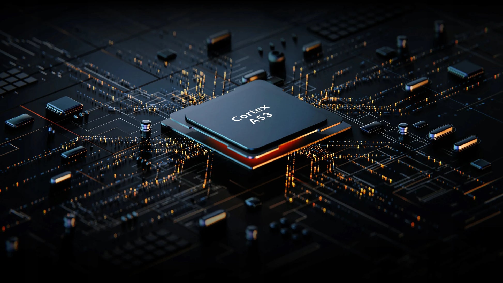 Processeur Cortex A53 sur carte mère high-tech avec circuits lumineux, composant électronique performant