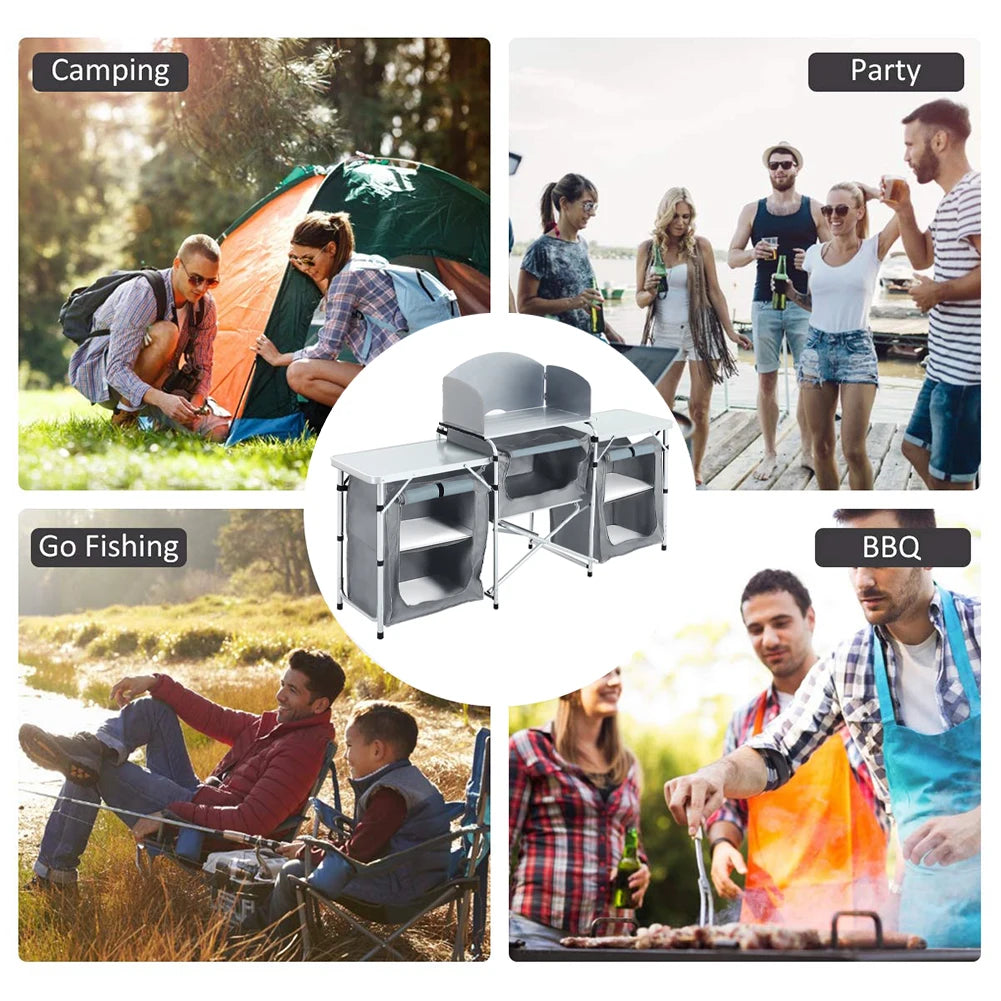 Ensemble de table de cuisine de camping Portable, support de rangement extérieur Vertical, table de préparation pliable avec armoire de rangement