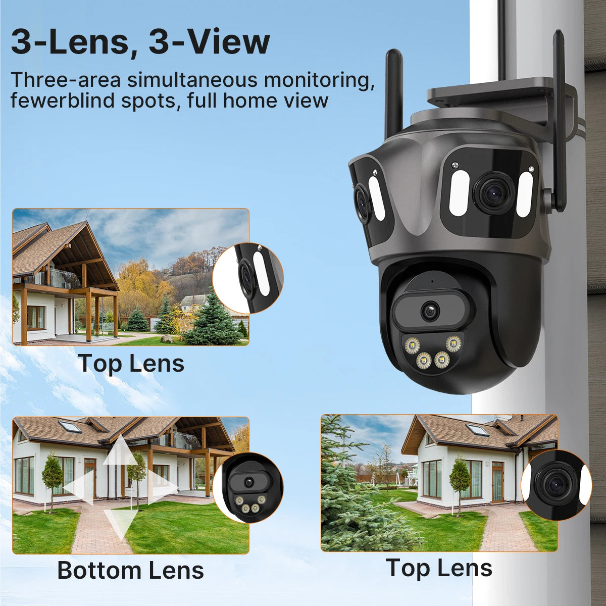 Caméra de surveillance extérieure 3 objectifs, vue panoramique maison, surveillance sans angle mort
