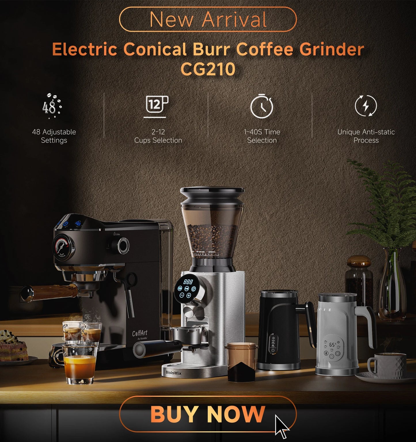 Moulin à café électrique conique CG210 avec 48 réglages, pour 2 à 12 tasses, idéal pour machine à espresso