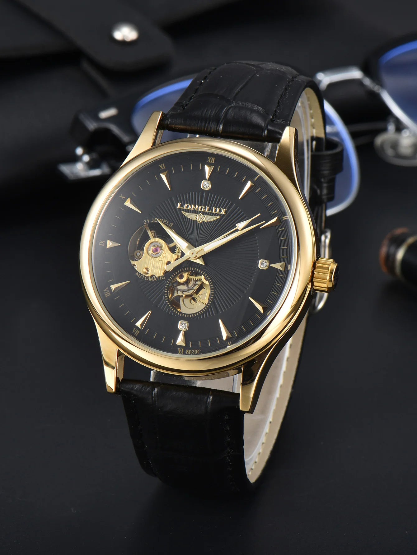 Montre automatique LONGLUX, style élégant, vente en gros, montres mécaniques squelette, cadran romain, étanche, montre homme, cadeau pour homme