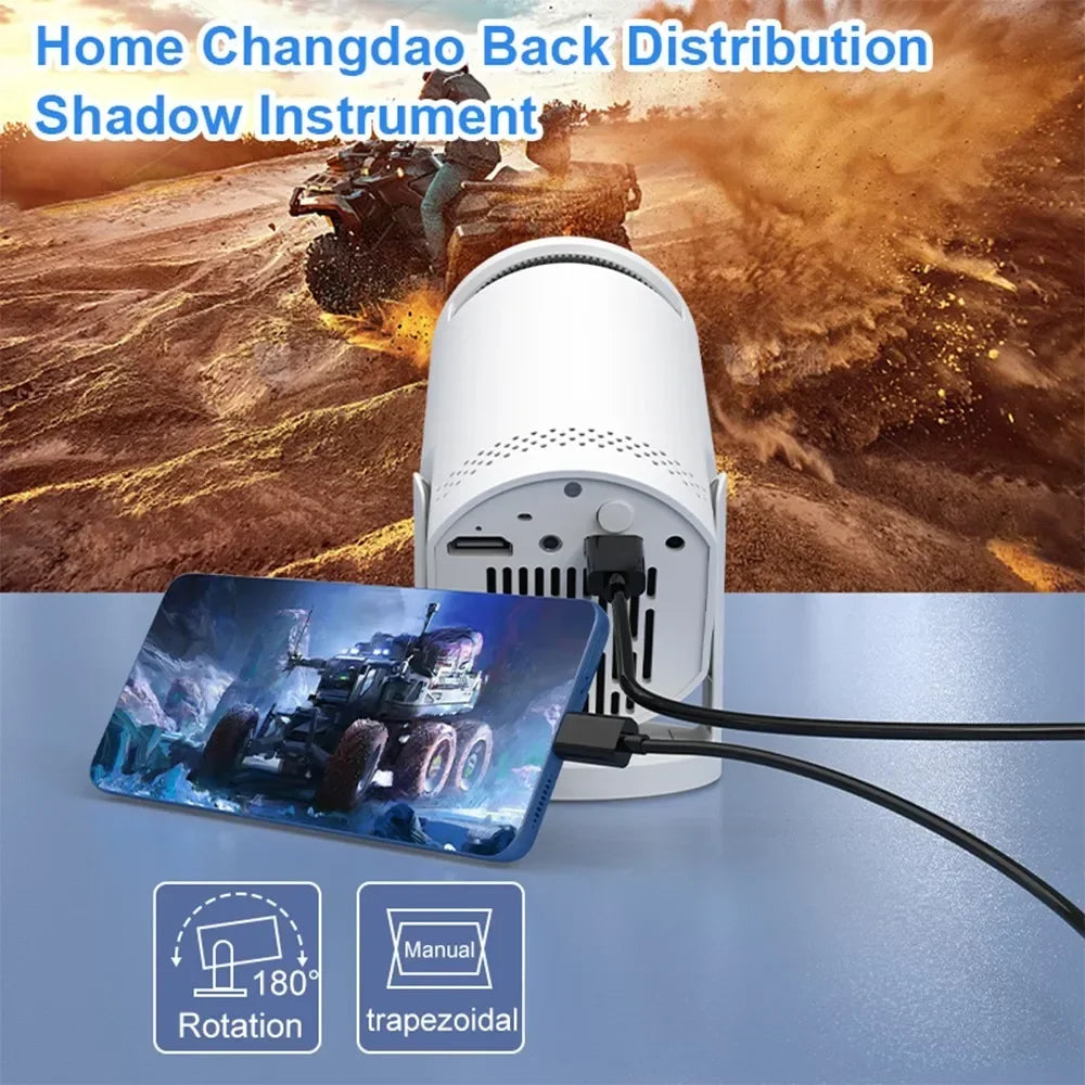Projecteur portable 180° avec rotation manuelle, idéal pour jeux vidéo et films en intérieur