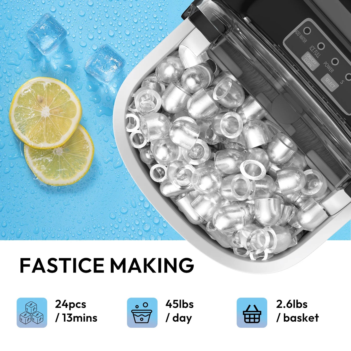 Machine à glaçons portable avec glaçons sphériques, citron et gouttes d'eau, idéale pour boissons fraîches