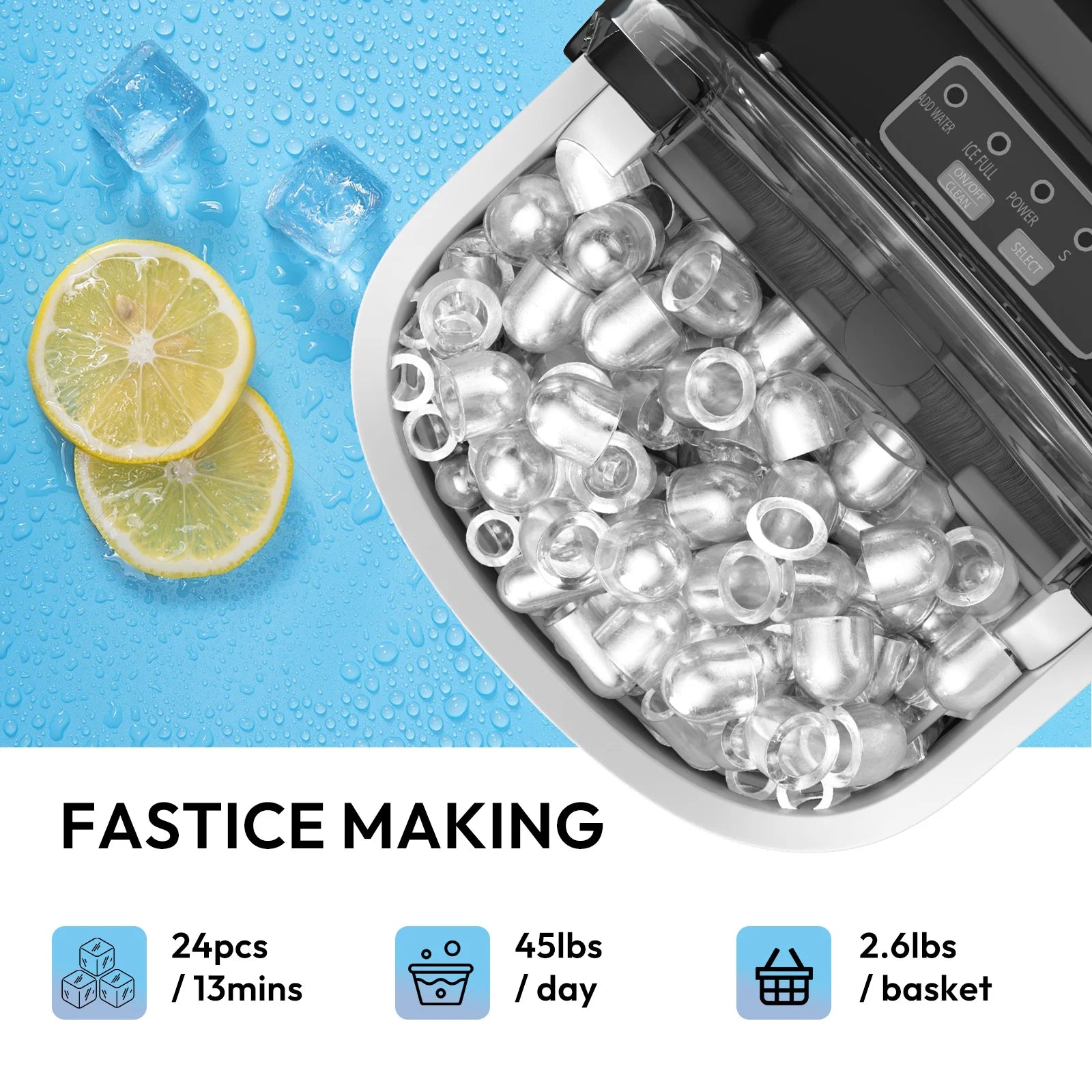Machine à glaçons portable avec glaçons sphériques, citron et gouttes d'eau, idéale pour boissons fraîches