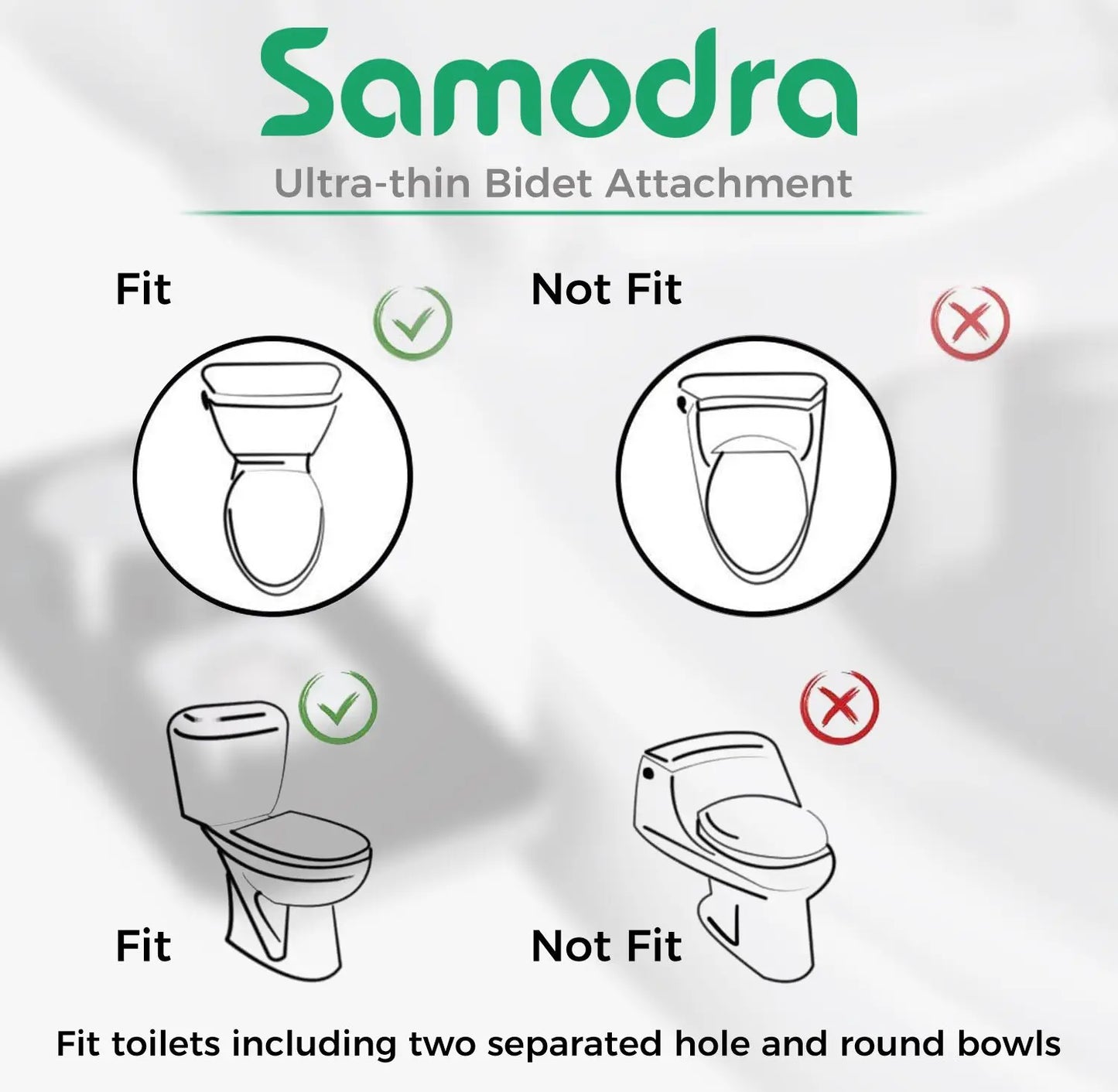 Samodra : Adaptation du bidet ultra-fin sur toilettes séparées ou rondes, compatibilité illustrée