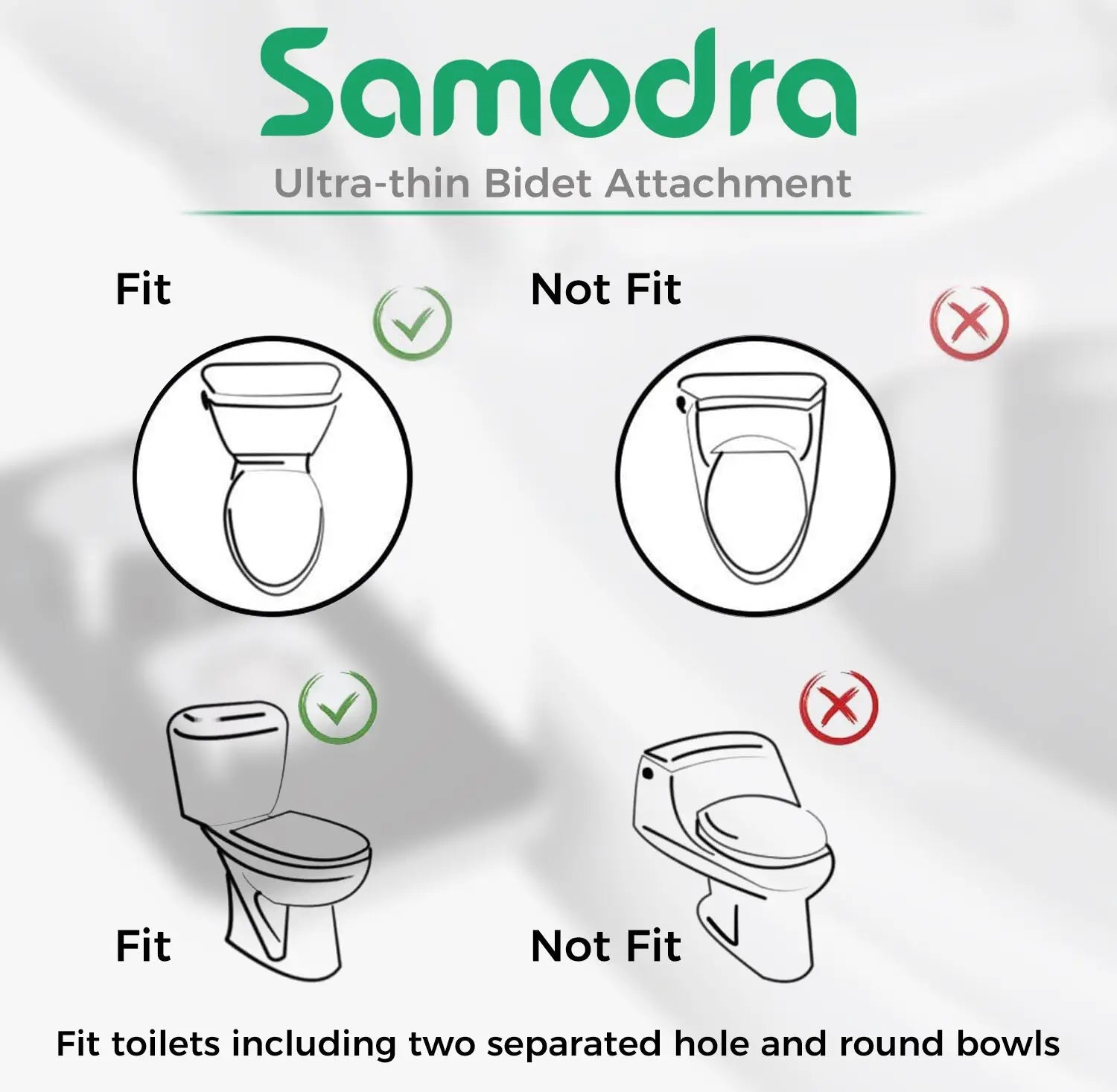 Samodra : Adaptation du bidet ultra-fin sur toilettes séparées ou rondes, compatibilité illustrée