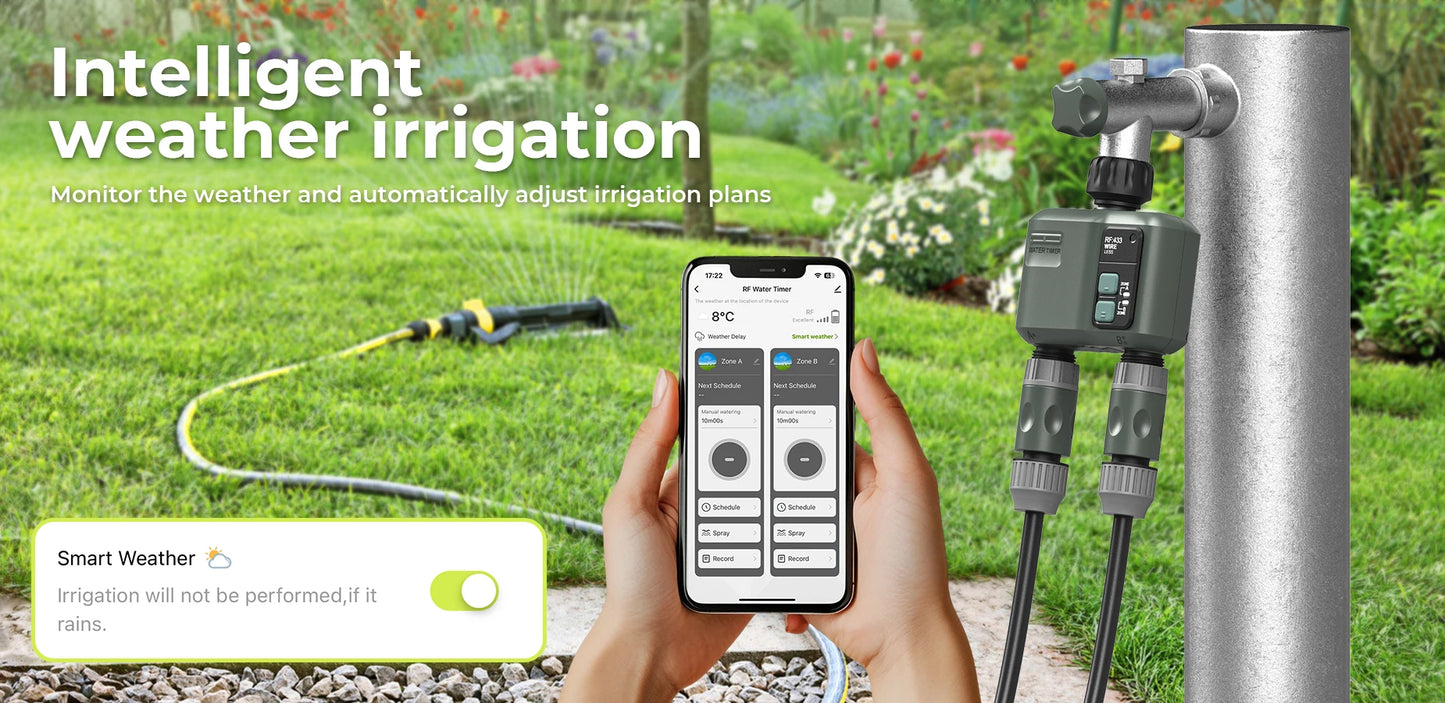 Programmateur d'arrosage automatique Tuya Wifi+RF433 à 2 prises pour l'extérieur, arrosage précis et programmable