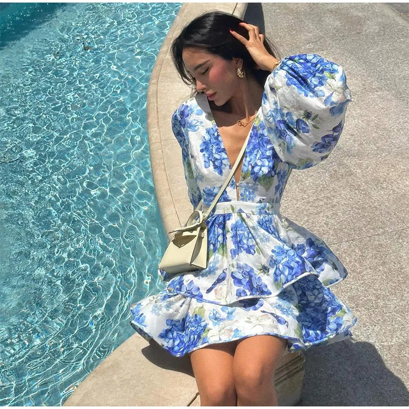 Femmes cravate-teinture 3D fleur col en V pleine sans manches Mini robes mode mince imprimé plusieurs plis robes nouvelle dame vêtements de vacances