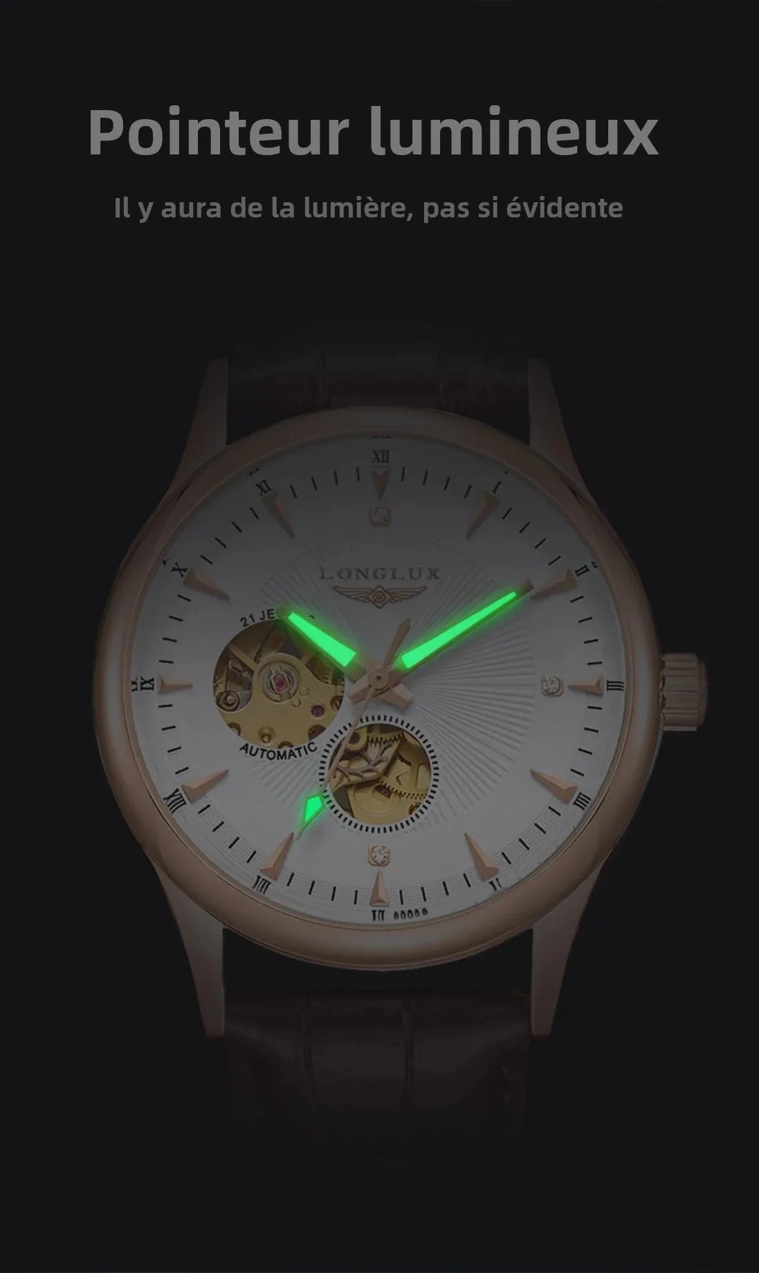 Montre automatique LONGLUX, style élégant, vente en gros, montres mécaniques squelette, cadran romain, étanche, montre homme, cadeau pour homme