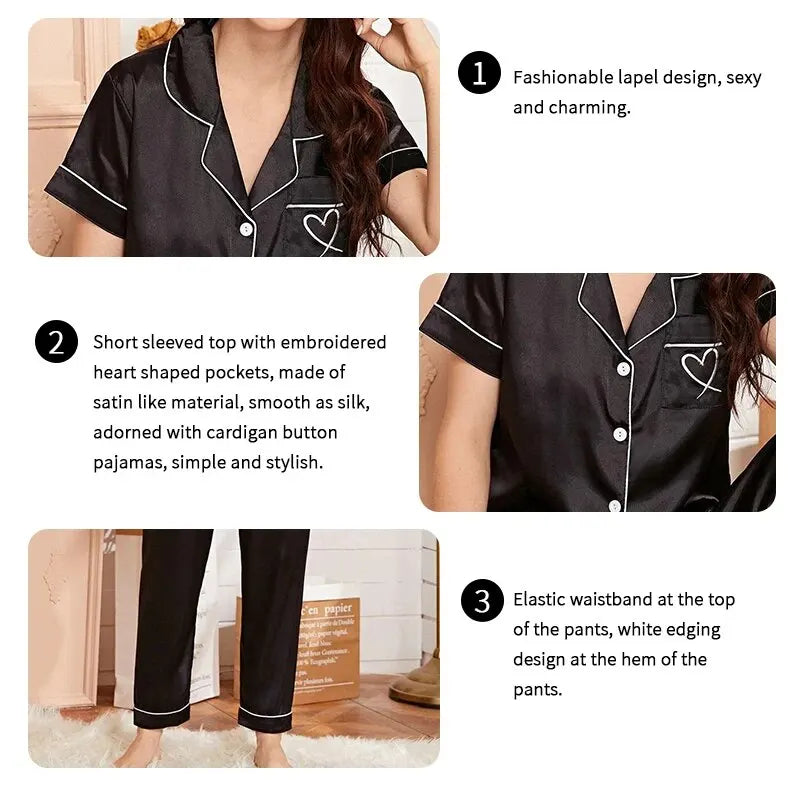 Ensemble de pyjama brodé en satin pour femme, poche, cœur, confortable, manches courtes, bouton, pantalon de salon, vêtements de nuit