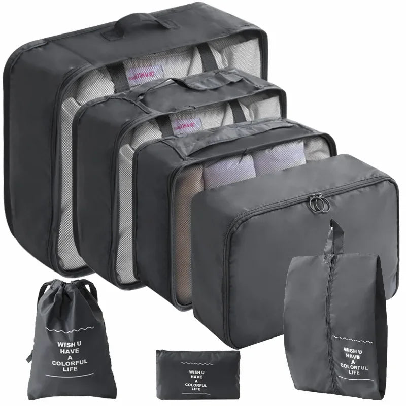 Ensemble de 10/7 pièces, organisateur de voyage, sacs de rangement, valise, Cubes d'emballage, étuis portables, garde-robe, bagages, vêtements, pochette à chaussures pliable