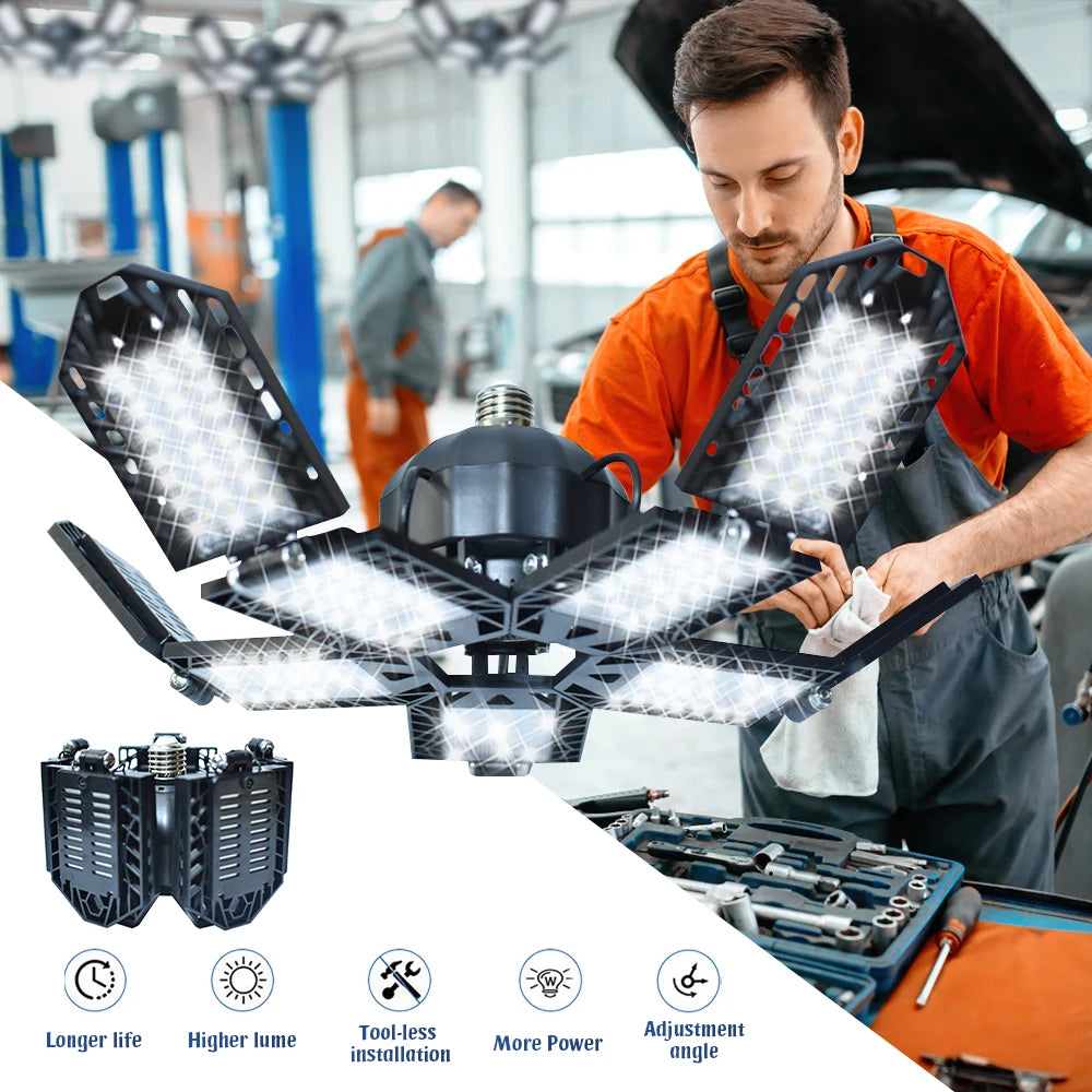 Lampe LED portable à 5 panneaux pour garage, lumière puissante, installation sans outil, angle ajustable