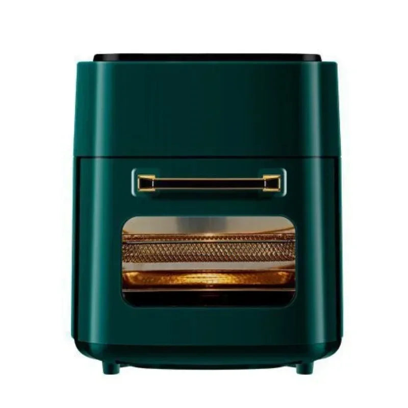 Friteuse sans huile verte avec hublot et poignée dorée, appareil high-tech pour cuisine moderne