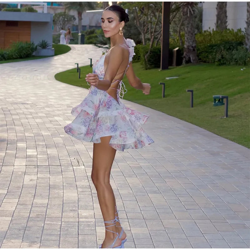 Femmes cravate-teinture 3D fleur col en V pleine sans manches Mini robes mode mince imprimé plusieurs plis robes nouvelle dame vêtements de vacances