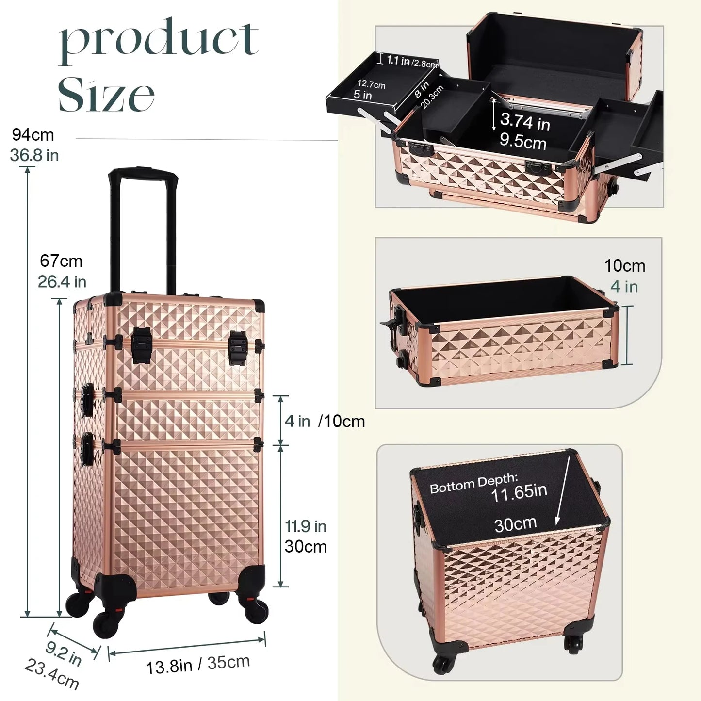 Trousse de maquillage roulante 3 en 1, trousse de maquillage amovible, étui de cosmétologie sur roulettes, chariot de maquillage verrouillable de grande capacité pour Salon