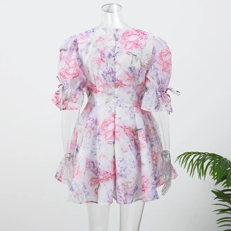Femmes cravate-teinture 3D fleur col en V pleine sans manches Mini robes mode mince imprimé plusieurs plis robes nouvelle dame vêtements de vacances