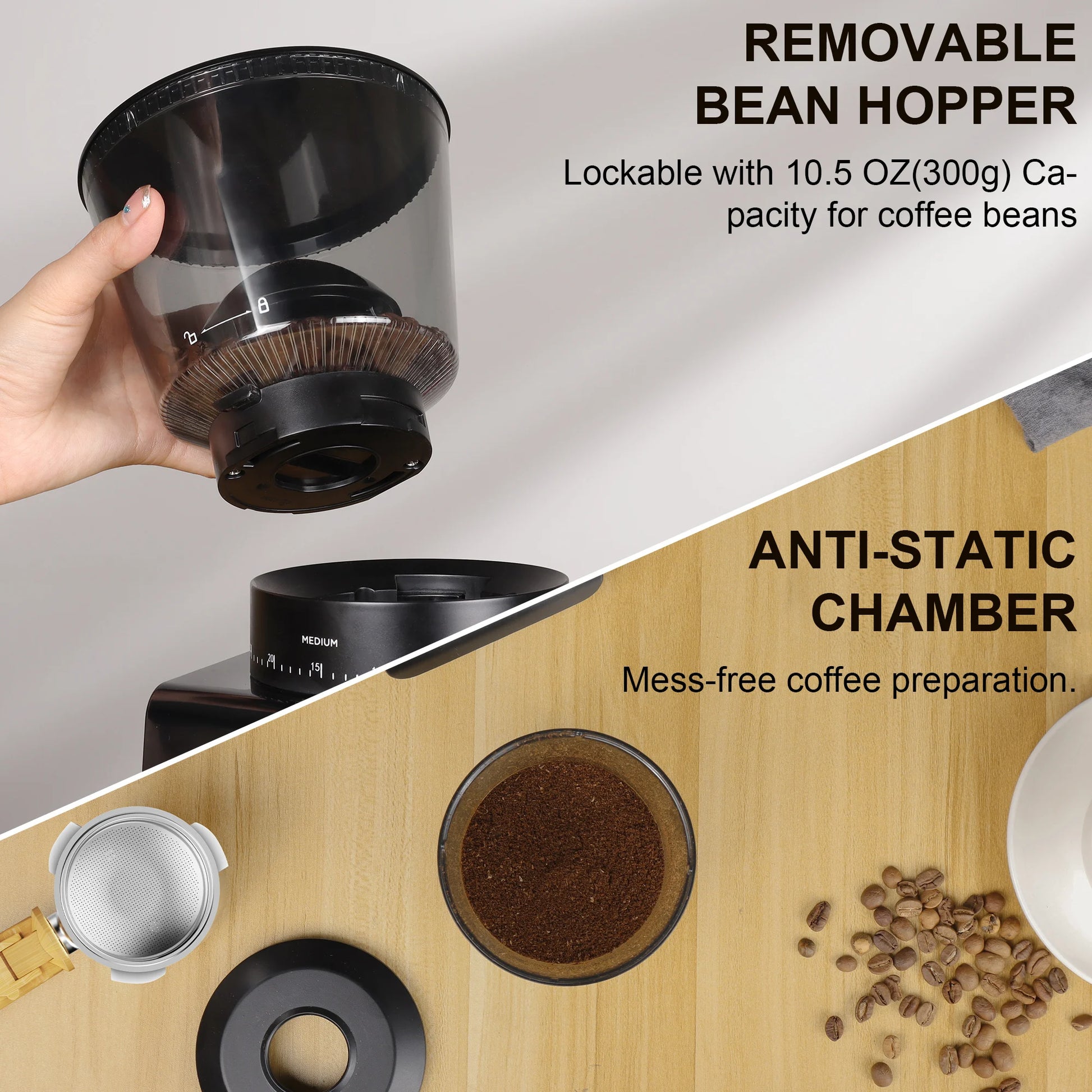 Moulin à café avec réservoir amovible 300g et chambre anti-statique pour préparation sans dégâts