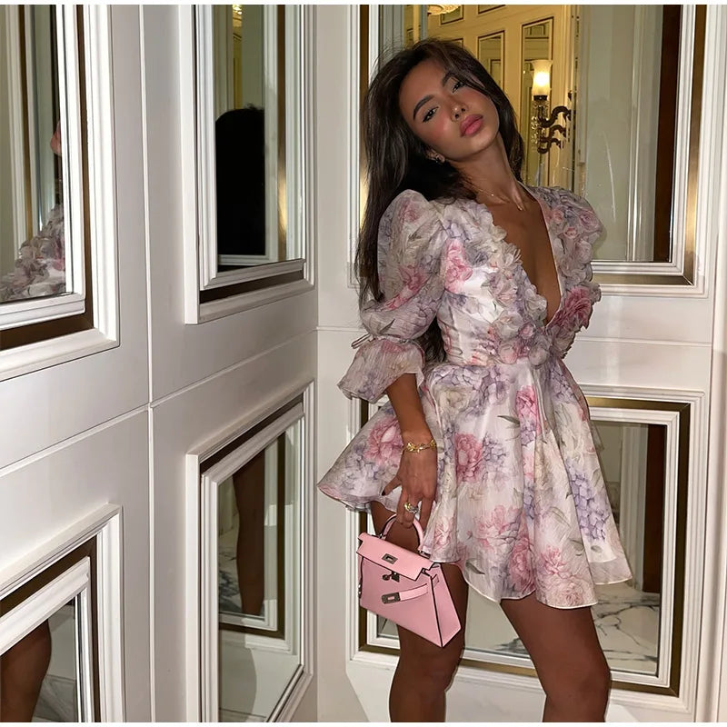 Femmes cravate-teinture 3D fleur col en V pleine sans manches Mini robes mode mince imprimé plusieurs plis robes nouvelle dame vêtements de vacances