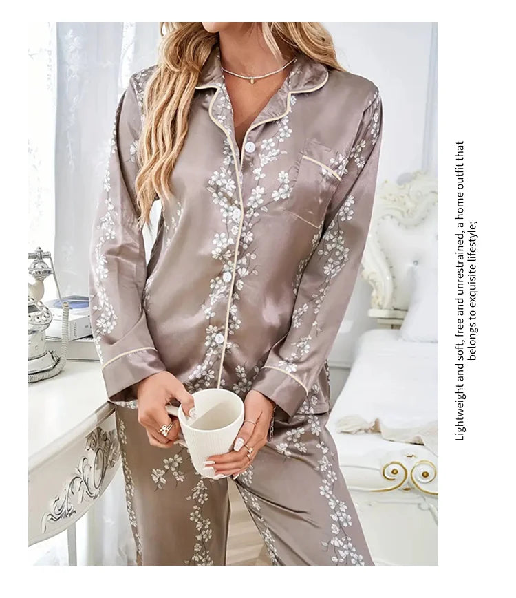 Femmes Satin Pyjama décontracté vêtements de nuit maison vêtements costume automne à manches longues boutonné haut et pantalon vêtements de nuit vêtements de détente Pyjama Femme