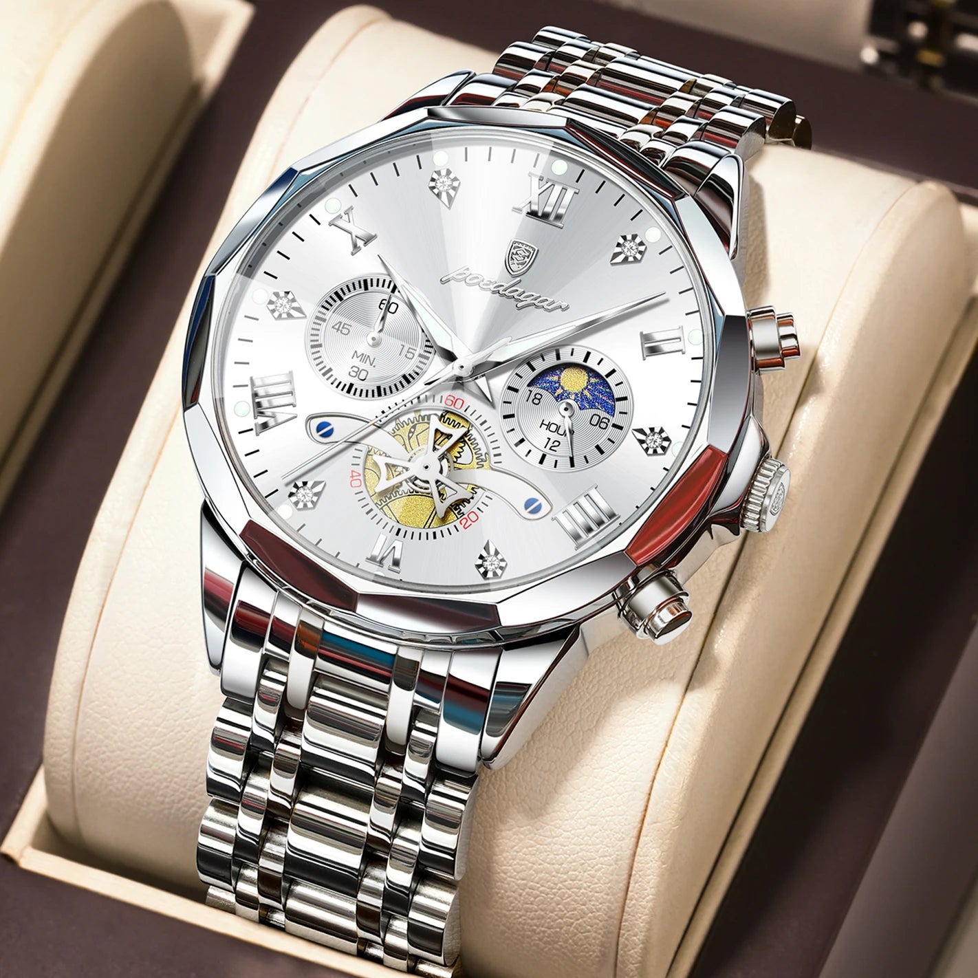 POEDAGAR Montre de luxe pour homme, étanche, chronographe lumineux, montre sport pour homme, acier inoxydable, montre à quartz tendance pour homme, Reloj
