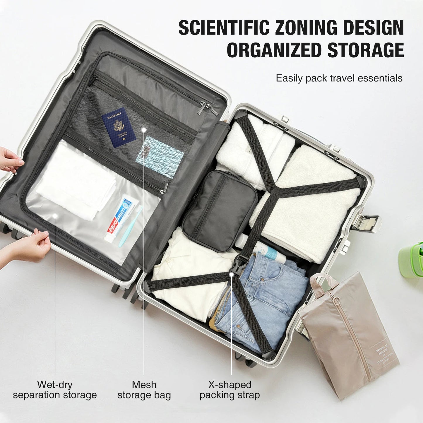 Valise rigide AIWEINY avec cadre en aluminium léger, 360 °   Valise de voyage/sur roulettes silencieuses, avec serrure TSA, avec port USB, 20/24/27 pouces