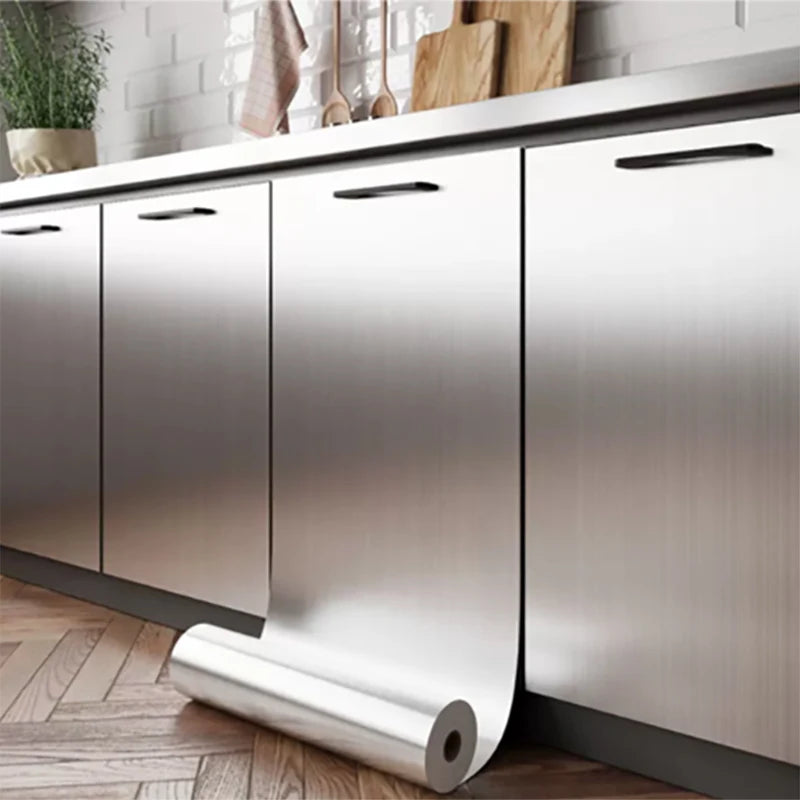 Autocollant mural en acier inoxydable brossé argenté de 40 cm, imperméable, résistant à l'huile, auto-adhésif, papier peint pour cuisine, réfrigérateur, comptoir