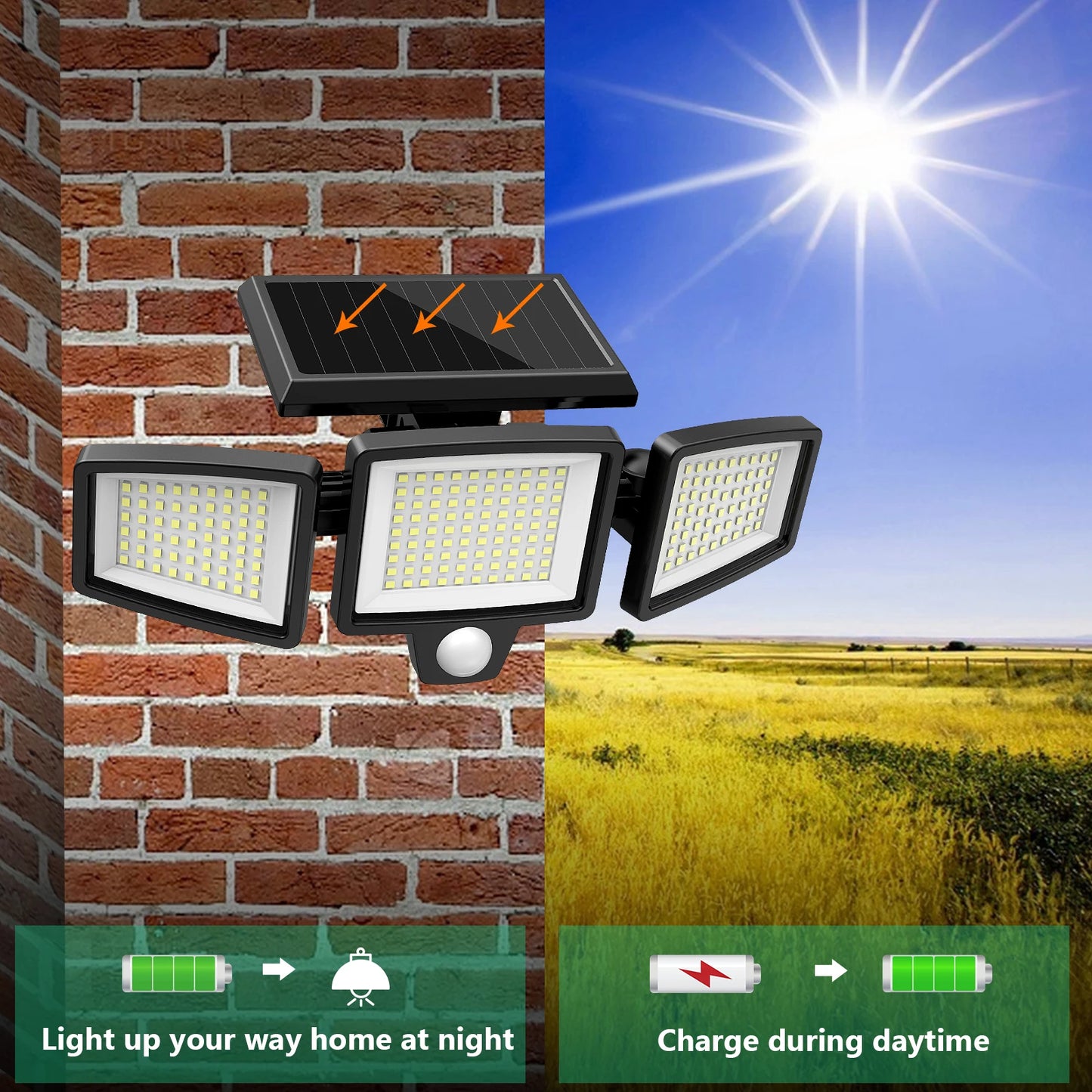 Projecteur solaire LED avec capteur de mouvement pour éclairage extérieur, charge jour, éclaire nuit