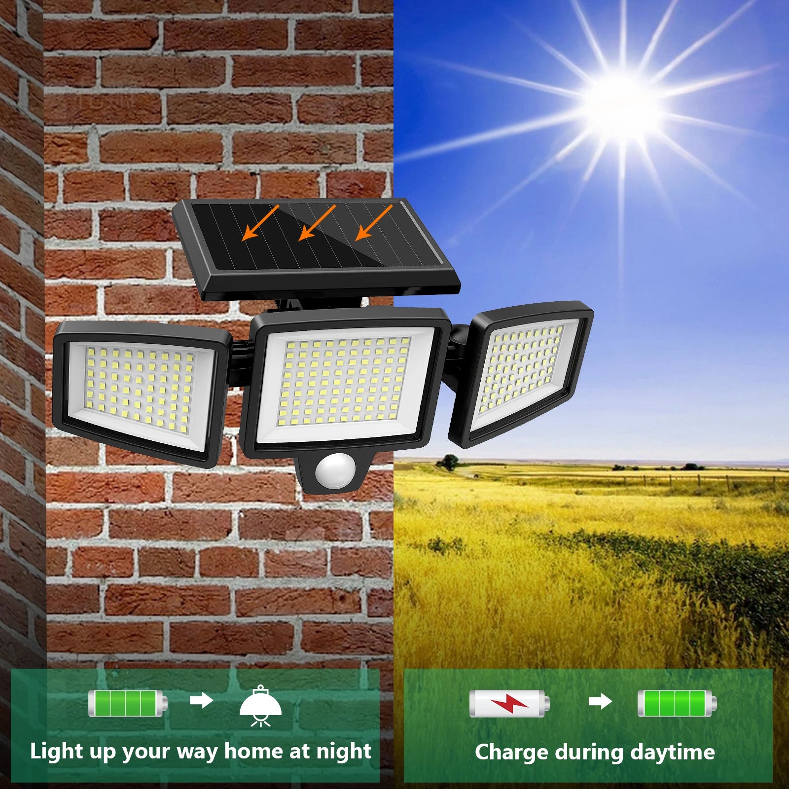 Projecteur solaire LED avec capteur de mouvement pour éclairage extérieur, charge jour, éclaire nuit
