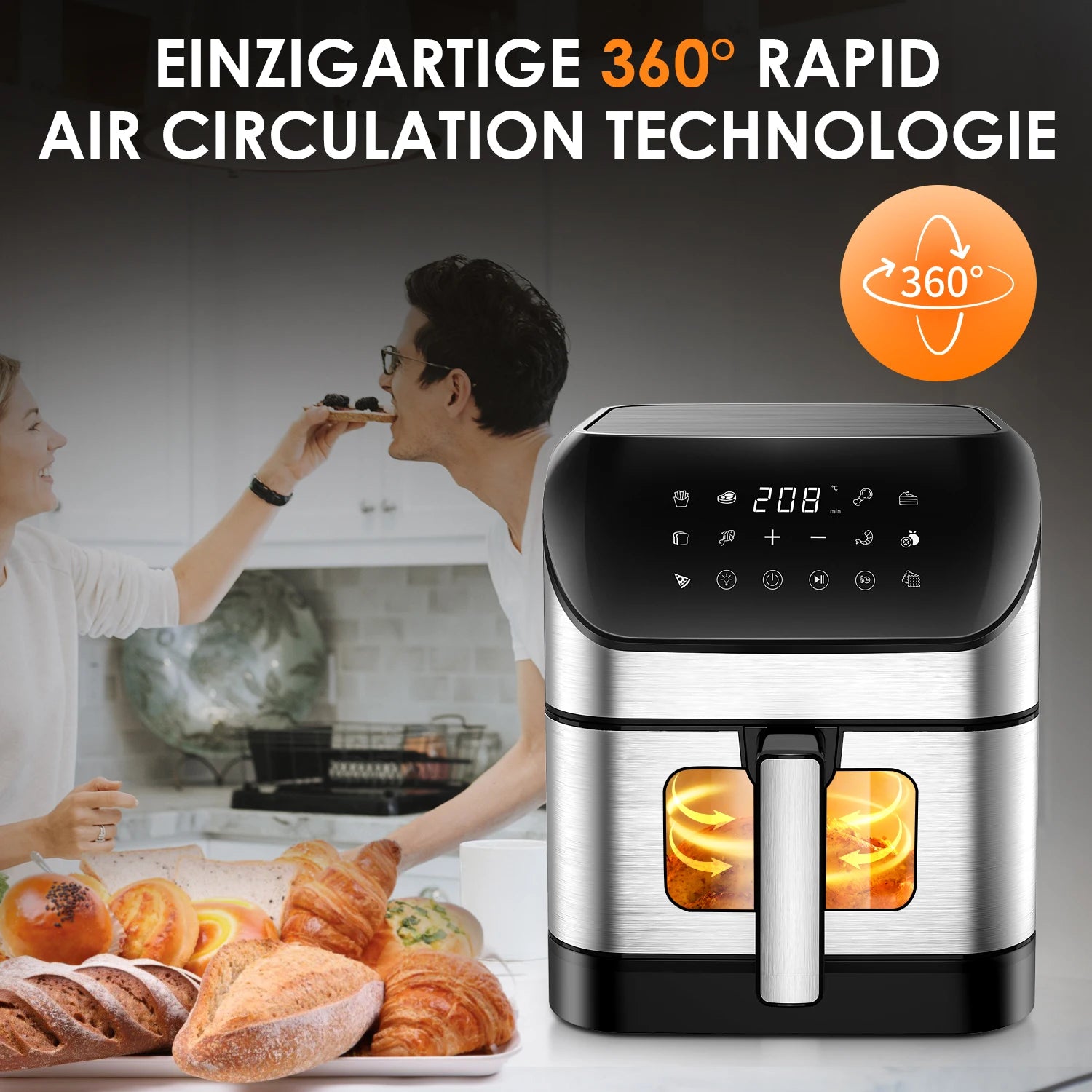 Friteuse à air chaud avec technologie de circulation d'air 360°, idéale pour cuisiner pain et croissants
