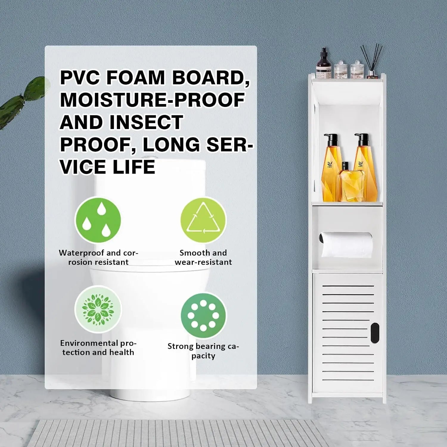 Meuble de salle de bain blanc en PVC étanche, résistant aux insectes et à l'humidité, avec rangement pour produits et rouleau de papier