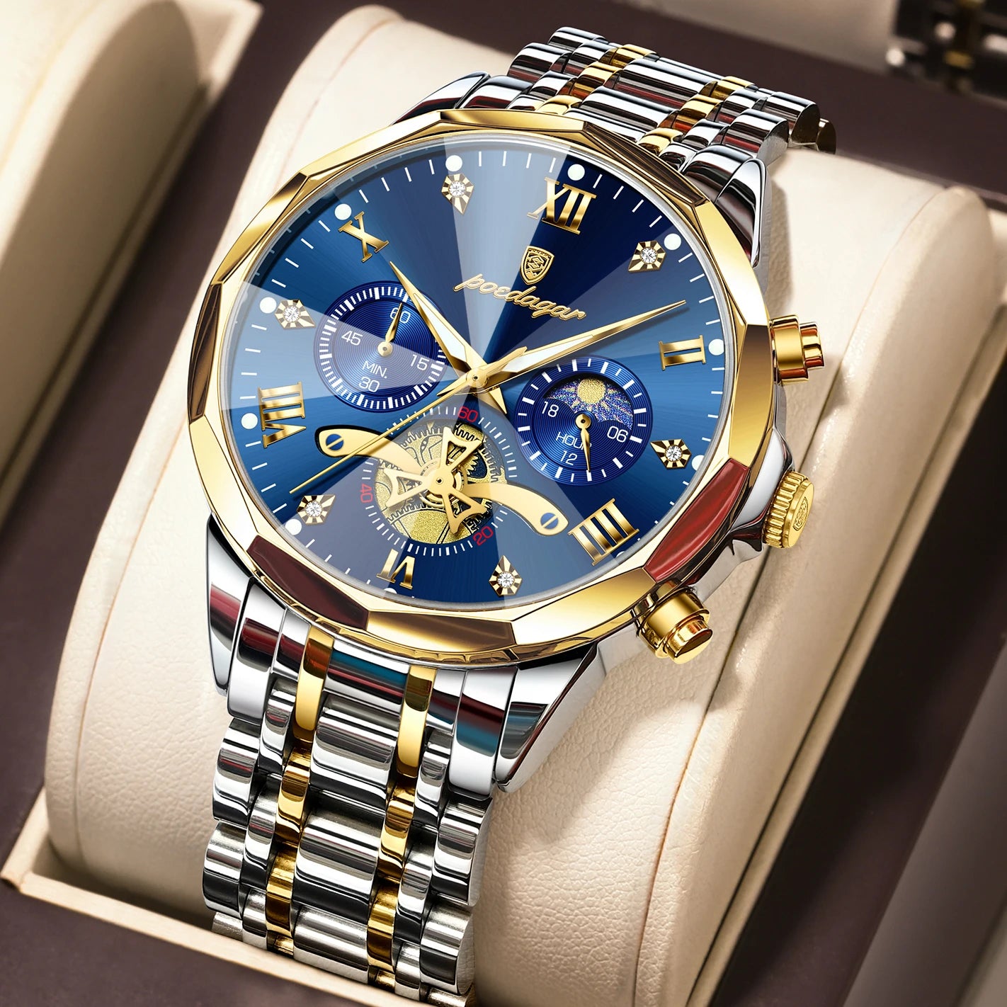 POEDAGAR Montre de luxe pour homme, étanche, chronographe lumineux, montre sport pour homme, acier inoxydable, montre à quartz tendance pour homme, Reloj