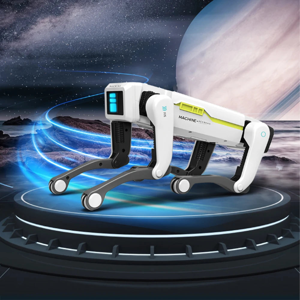 Robot chien high-tech blanc avec écran LED, design futuriste sur socle lumineux, idéal gadget tech