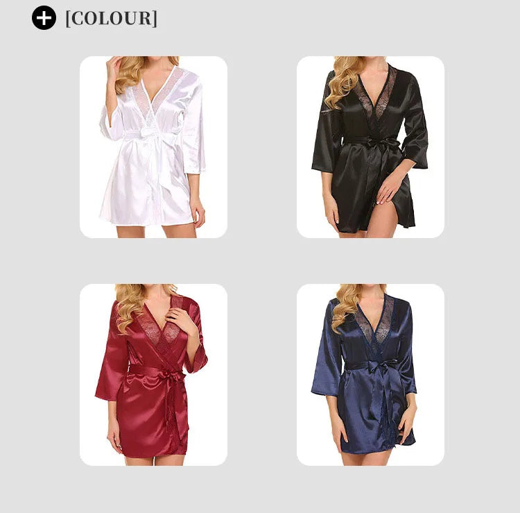 Robe de Nuit Sexy en Satin et Dentelle pour Femme, Chemise Courte, Kimono, Peignoir, Lingerie, Douce, Confortable, Noire, Grande Taille