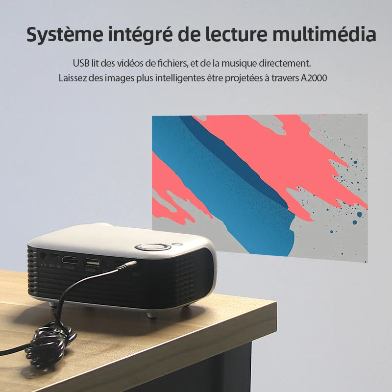 Projecteur multimédia A2000 avec lecture USB, idéal pour vidéos et musique, projetant des images colorées