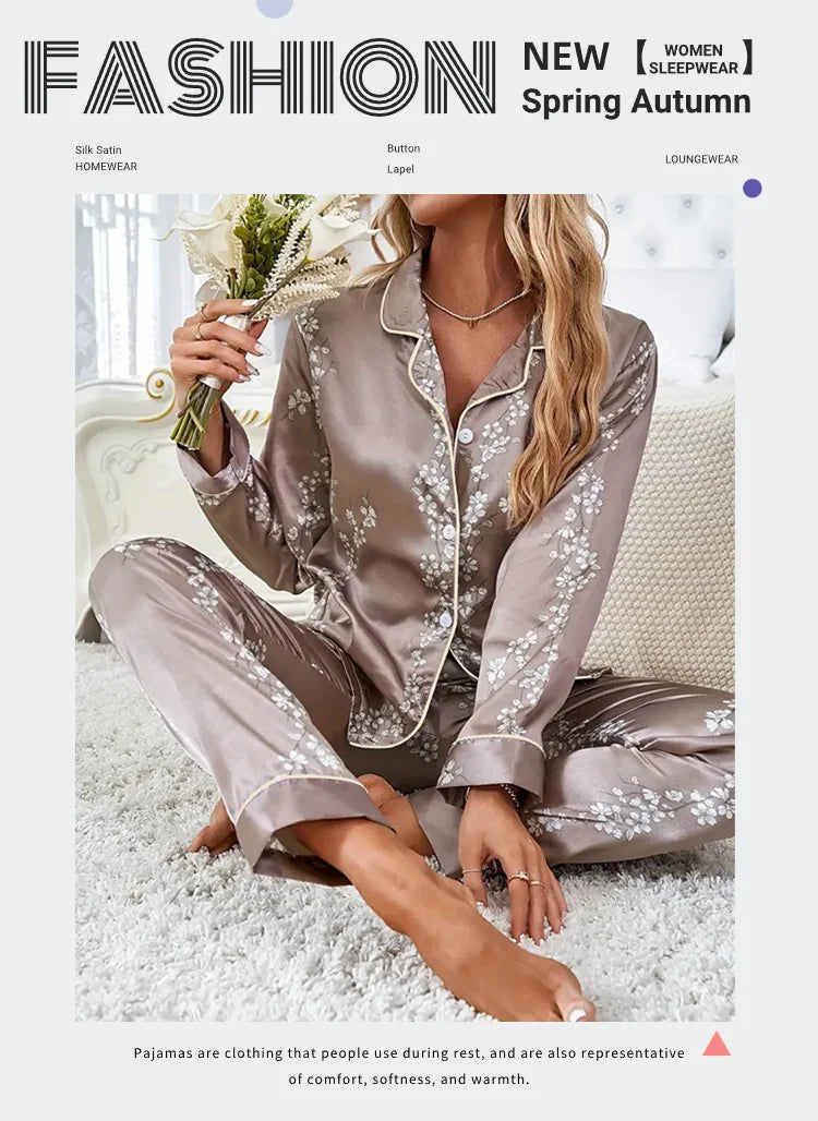 Femmes Satin Pyjama décontracté vêtements de nuit maison vêtements costume automne à manches longues boutonné haut et pantalon vêtements de nuit vêtements de détente Pyjama Femme