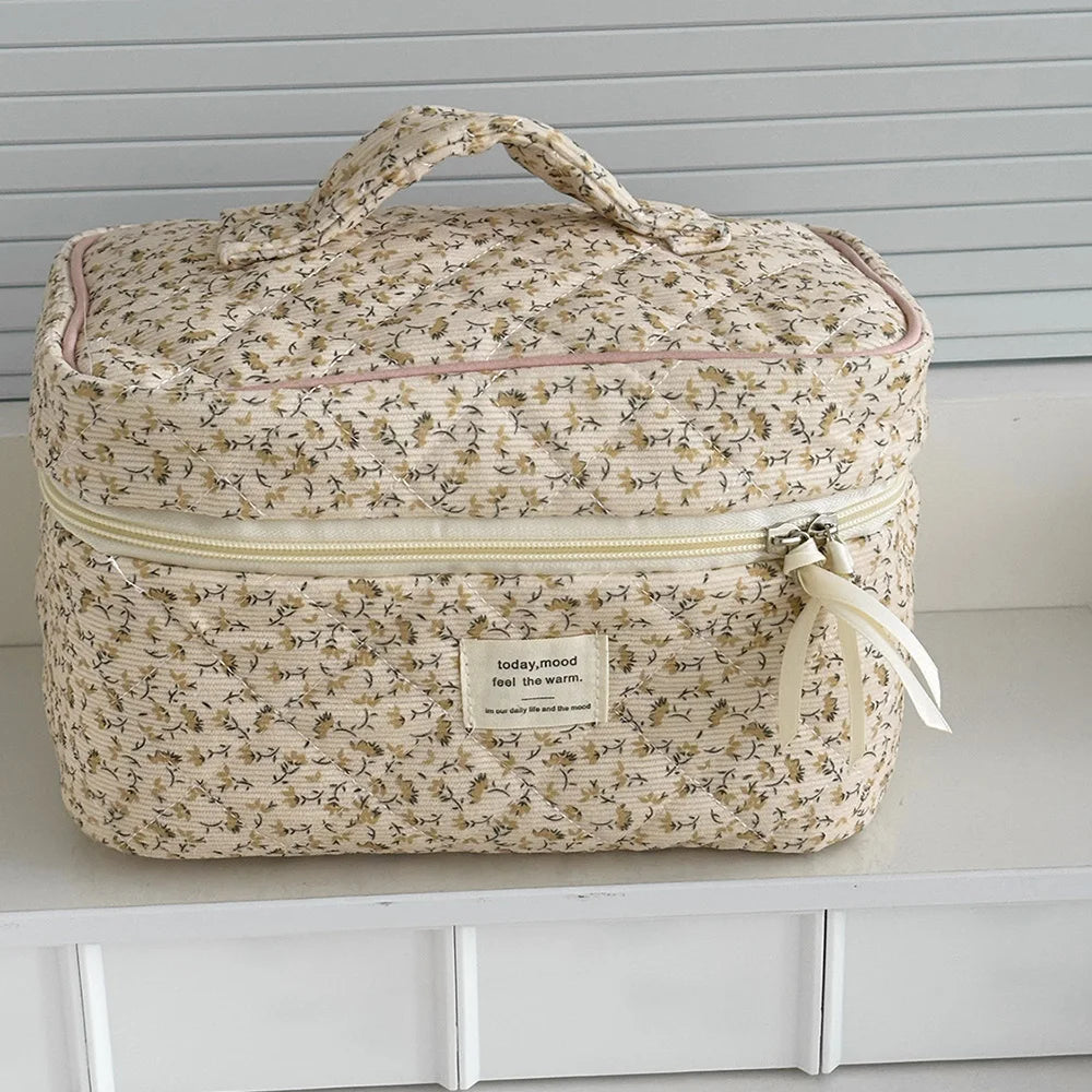 Sac de Rangement Matelassé Grande Capacité pour Maquillage, Pochette Cosmétique Vintage à Imprimé Floral pour Femme, Sac de Voyage Organisateur