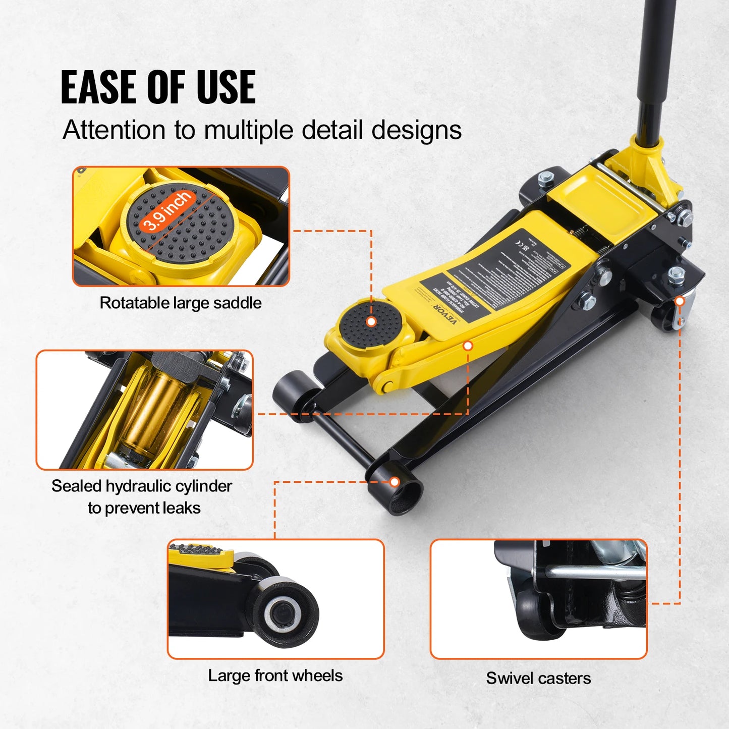Jack hydraulique jaune et noir avec selle rotative, cylindre étanche et roues pivotantes pour facilité d'utilisation