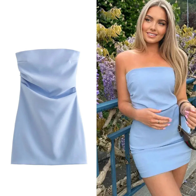 TRAF robe femmes épaules dénudées Corset robes courtes froncé dos nu bleu noir blanc robe femme Sexy moulante robes de soirée