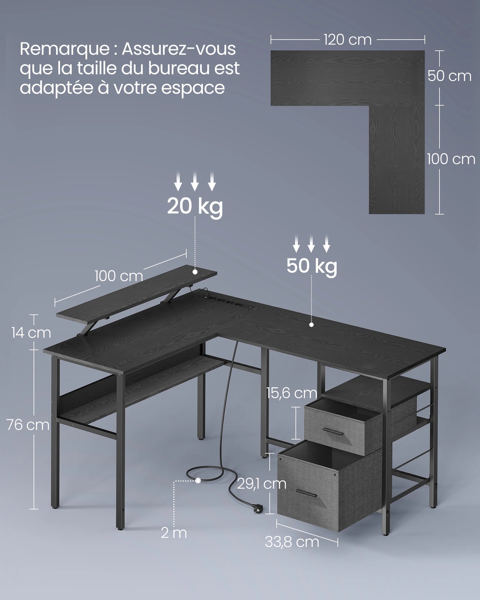 Bureau angle noir avec étagères, tiroirs et prise USB, dimensions détaillées pour espace optimisé