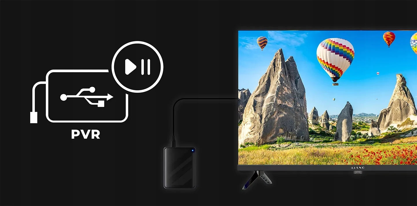 Lecteur multimédia PVR connecté à TV affichant montgolfières, idéal pour streaming et enregistrement vidéo haute définition