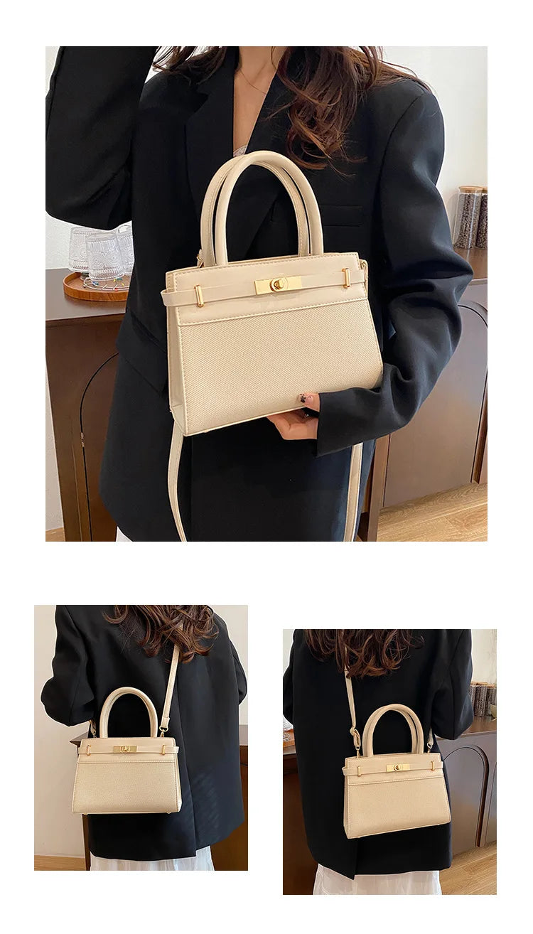 Sac à main beige élégant avec poignées et bandoulière, parfait pour un style moderne et chic