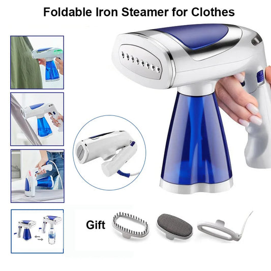 Steamer à vêtements pliable avec réservoir bleu, accessoires inclus, idéal pour repassage portable