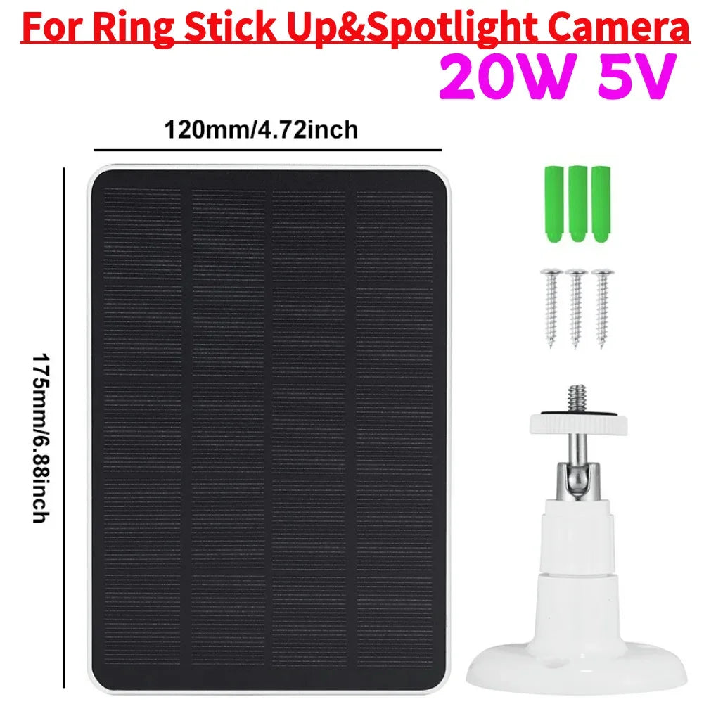 Panneau solaire 20W 5V pour caméra ring stick up et projecteur, avec support et vis, dimensions 175x120mm