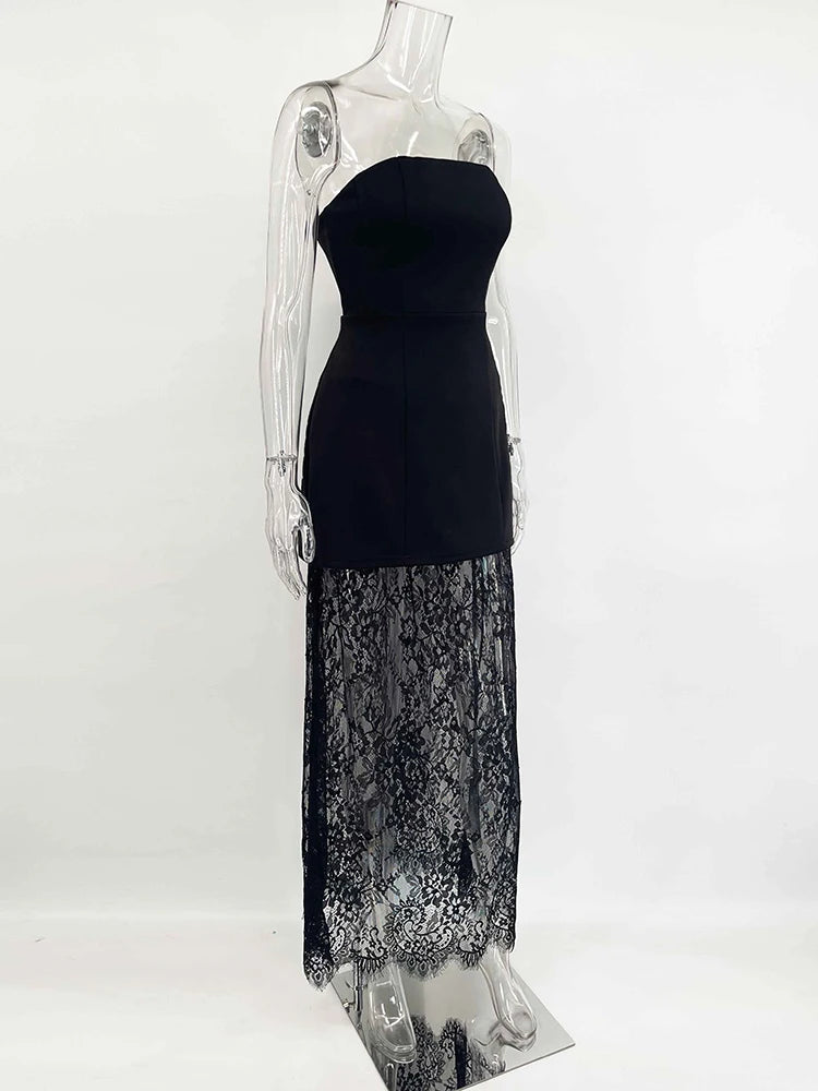 Tornova – robe en dentelle sans bretelles pour femme, ensemble élégant et Sexy, gilet à bretelles, taille haute, jupe longue d'épissure, Slim, Banquet, 2 pièces